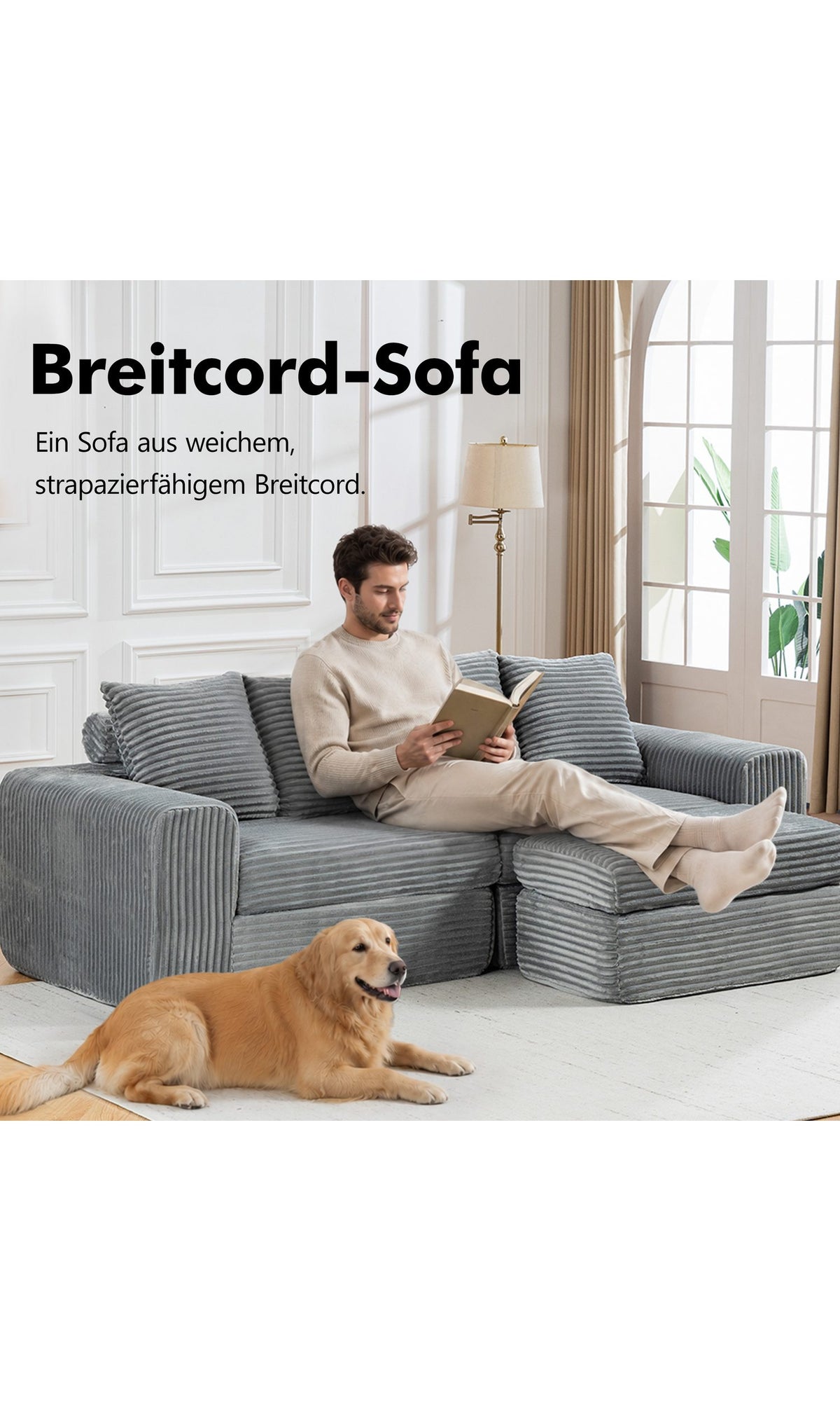 Cord Ecksofa in Grau mit Hocker als Beinauflage
