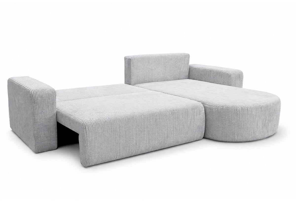 Geöffneter Bettkasten des Cord Ecksofas ROUND ONE XL