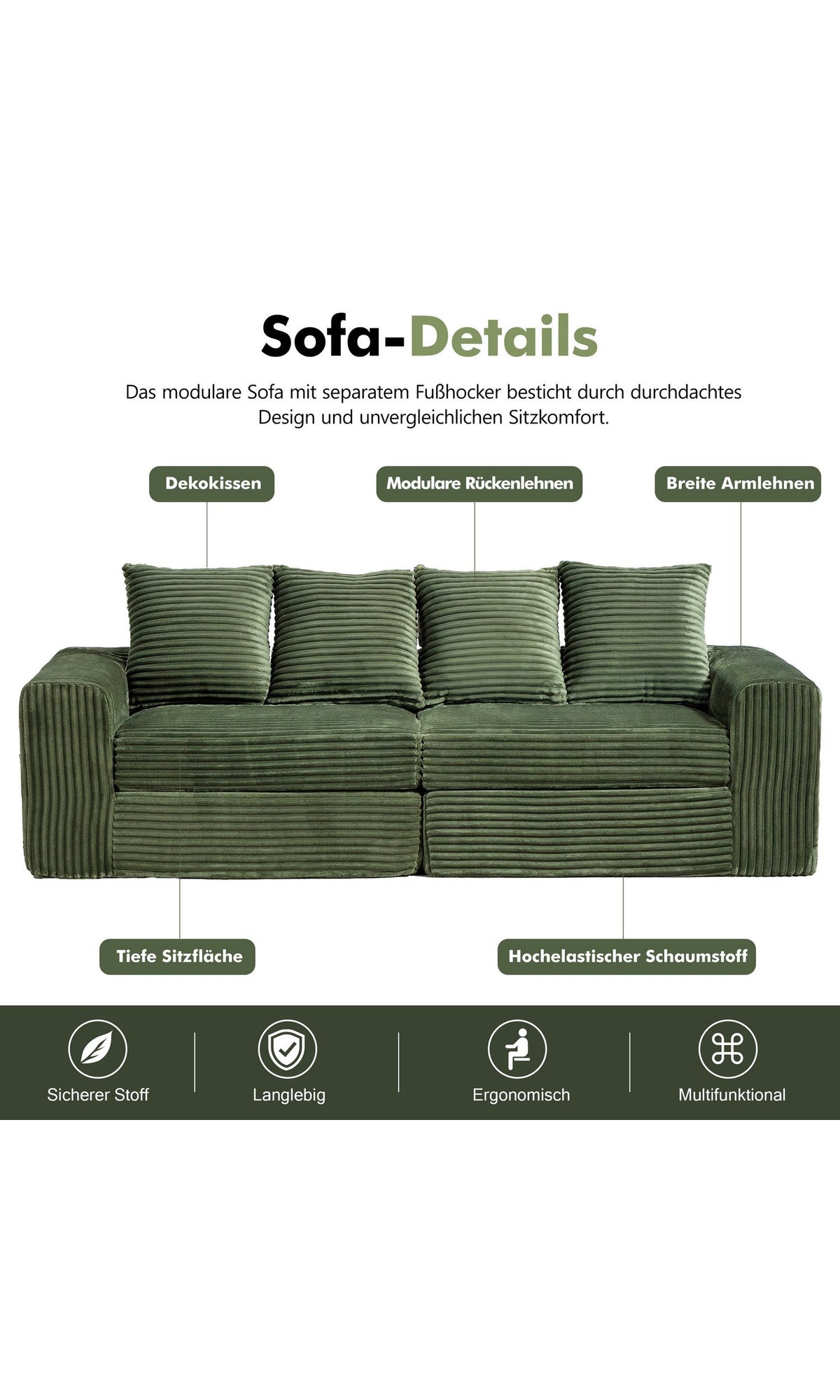 Modulares Cord Sofa Grün seitliche Ansicht