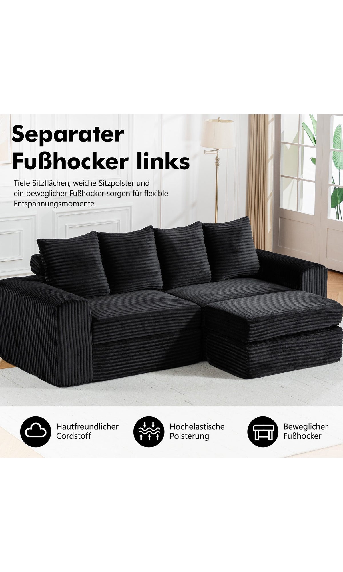 Breite Armlehne und tiefe Sitzfläche des schwarzen Cord Sofas