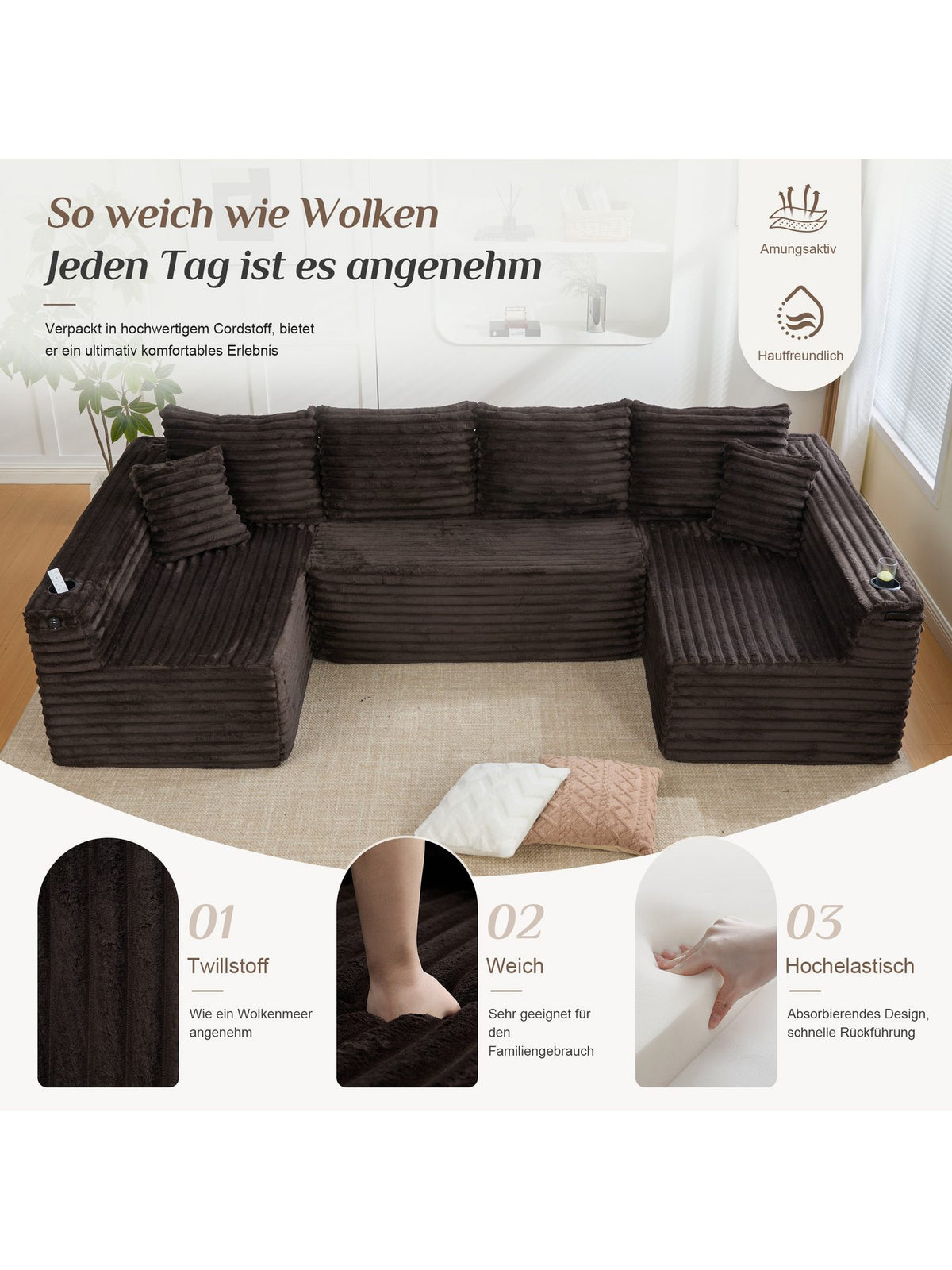 Detailaufnahme des braunen Cord Stoffs