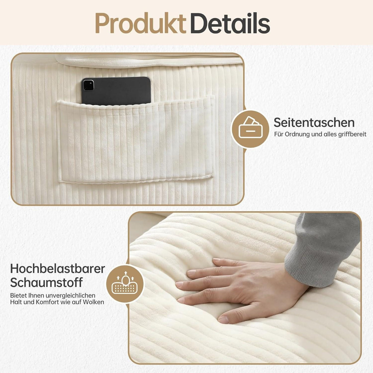 Nahaufnahme des plüschigen Cordstoffs in Beige