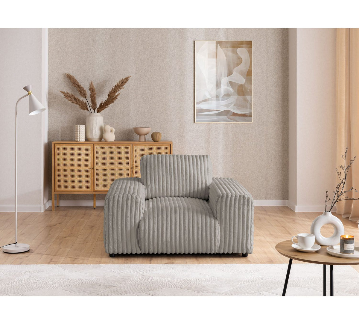 Cord Sofa MOLLIS Hellgrau mit Zierkissen