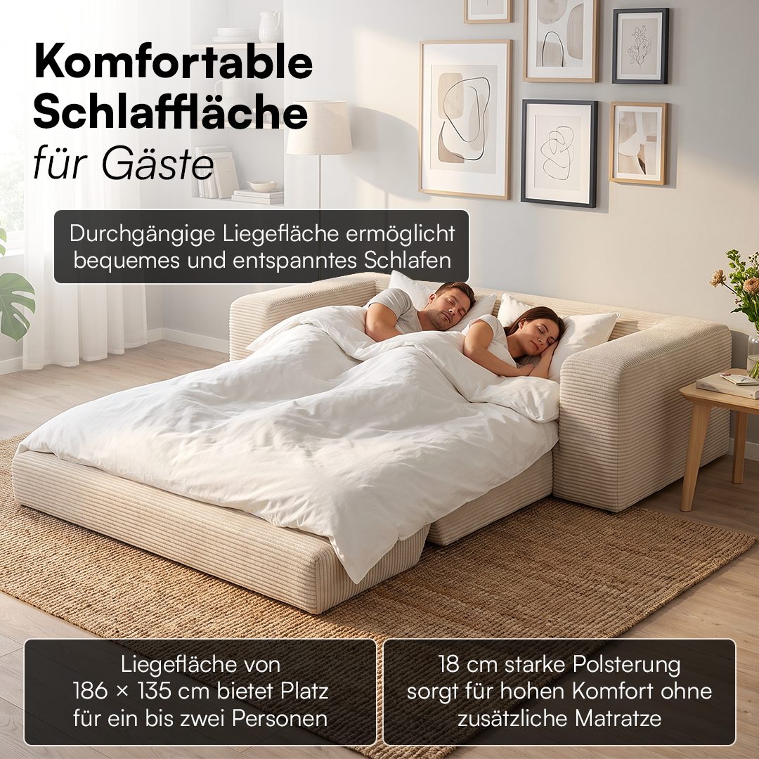 Seitenansicht mit breiten Armlehnen des Schlafsofas LAGA