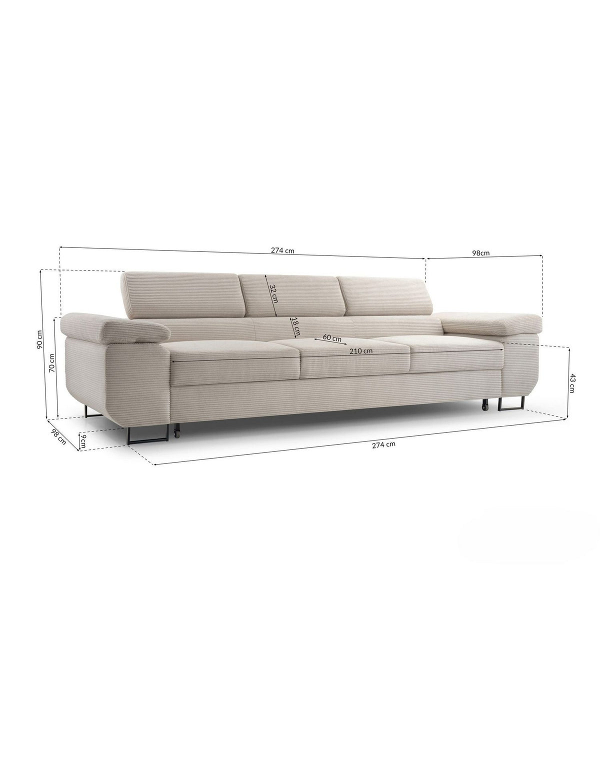 Cord Schlafsofa CAPURSO in Blaugrau von vorne