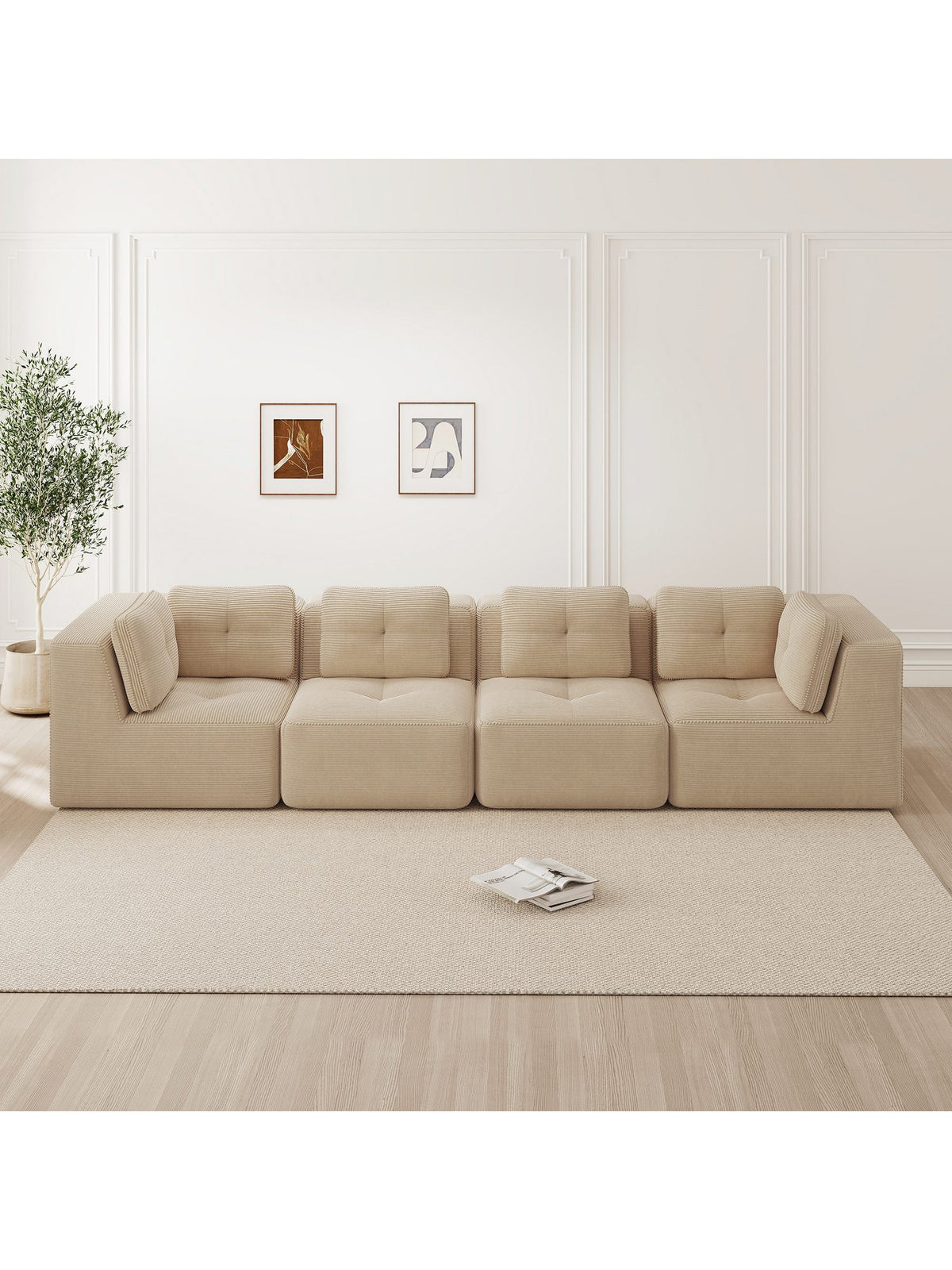 Cord Ecksofa in Beige mit tiefer Sitzfläche
