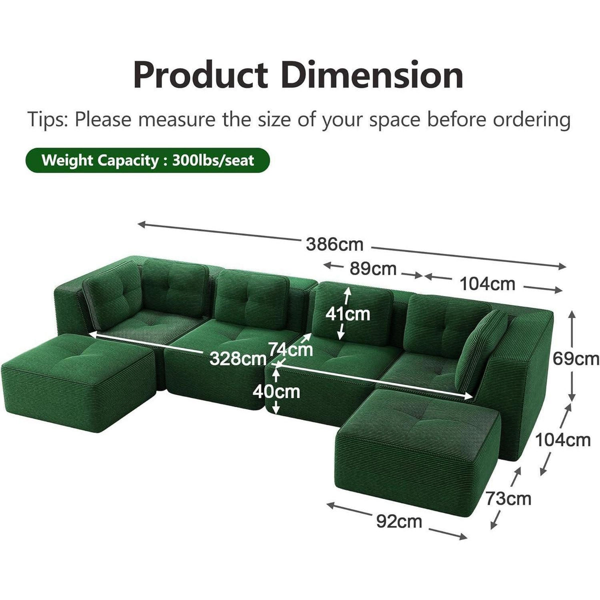 Modulares Cord Ecksofa in Grün im Wohnzimmer