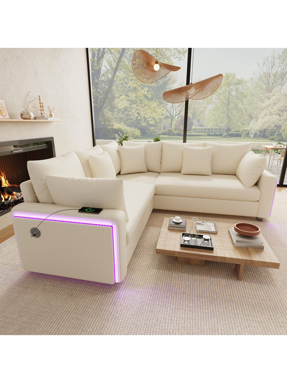 Cord Ecksofa in Beige Gesamtansicht in L-Form