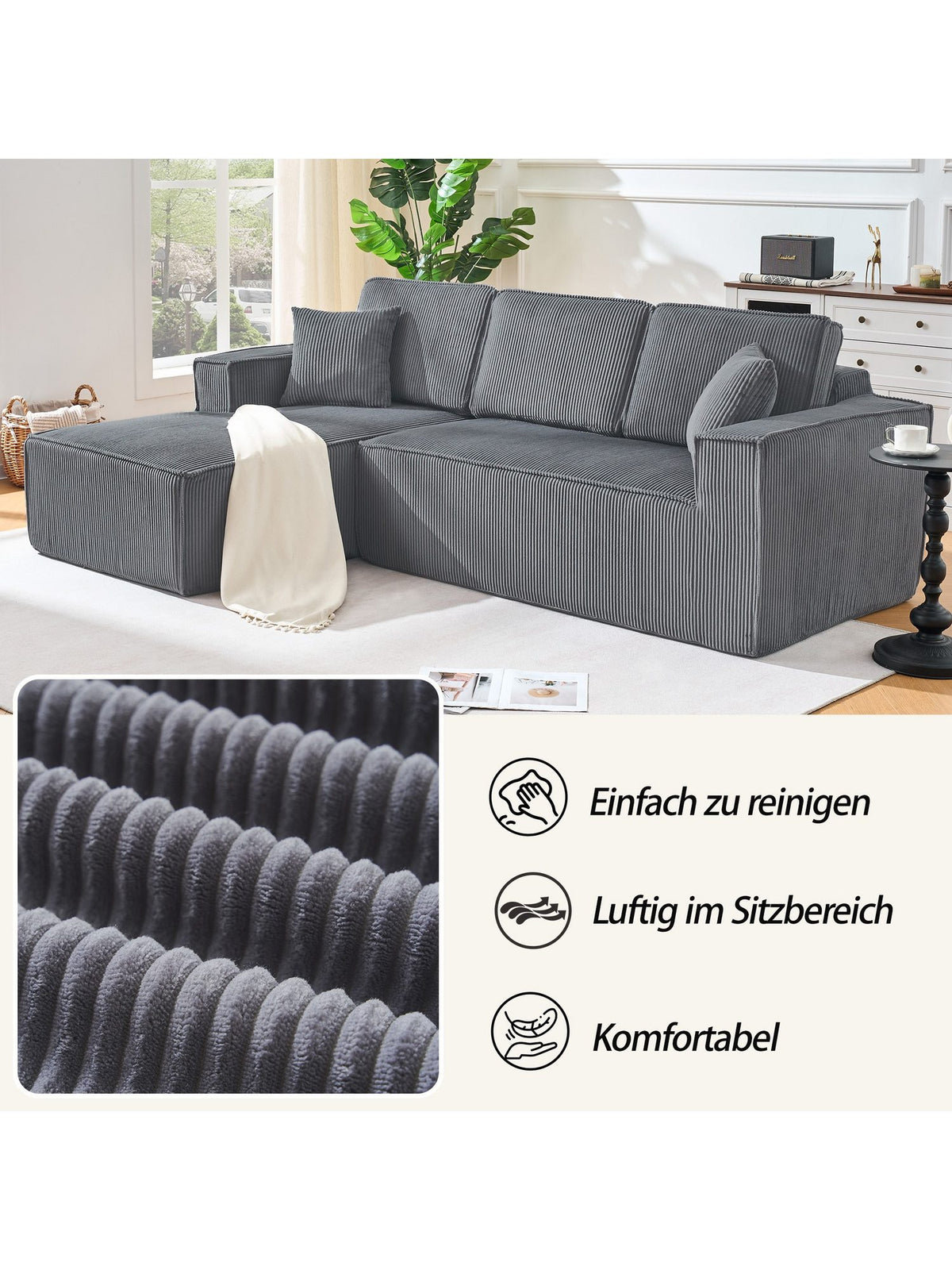 Zierkissen und Rückenkissen des Cord Ecksofas