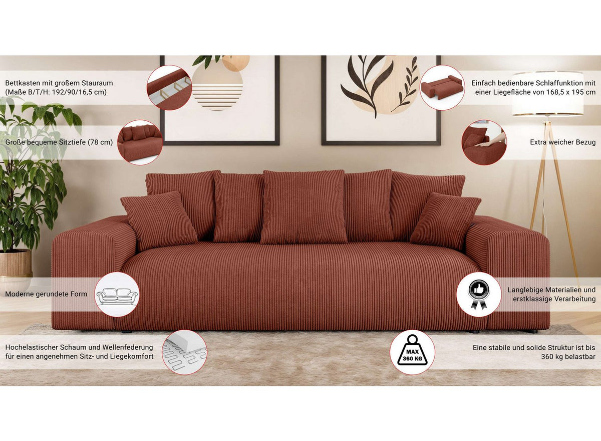 Cord Schlafsofa LAKESIDE mit geöffnetem Bettkasten