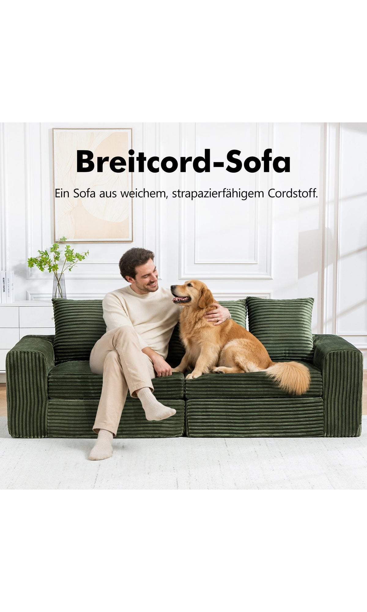 Modulares Cord Sofa Grün mit weichen Rückenkissen