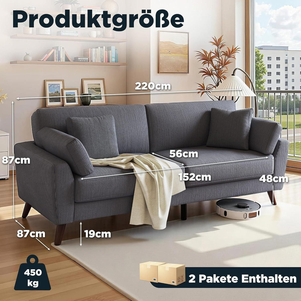 Big Sofa Cord Grau mit Walnussholzbeinen