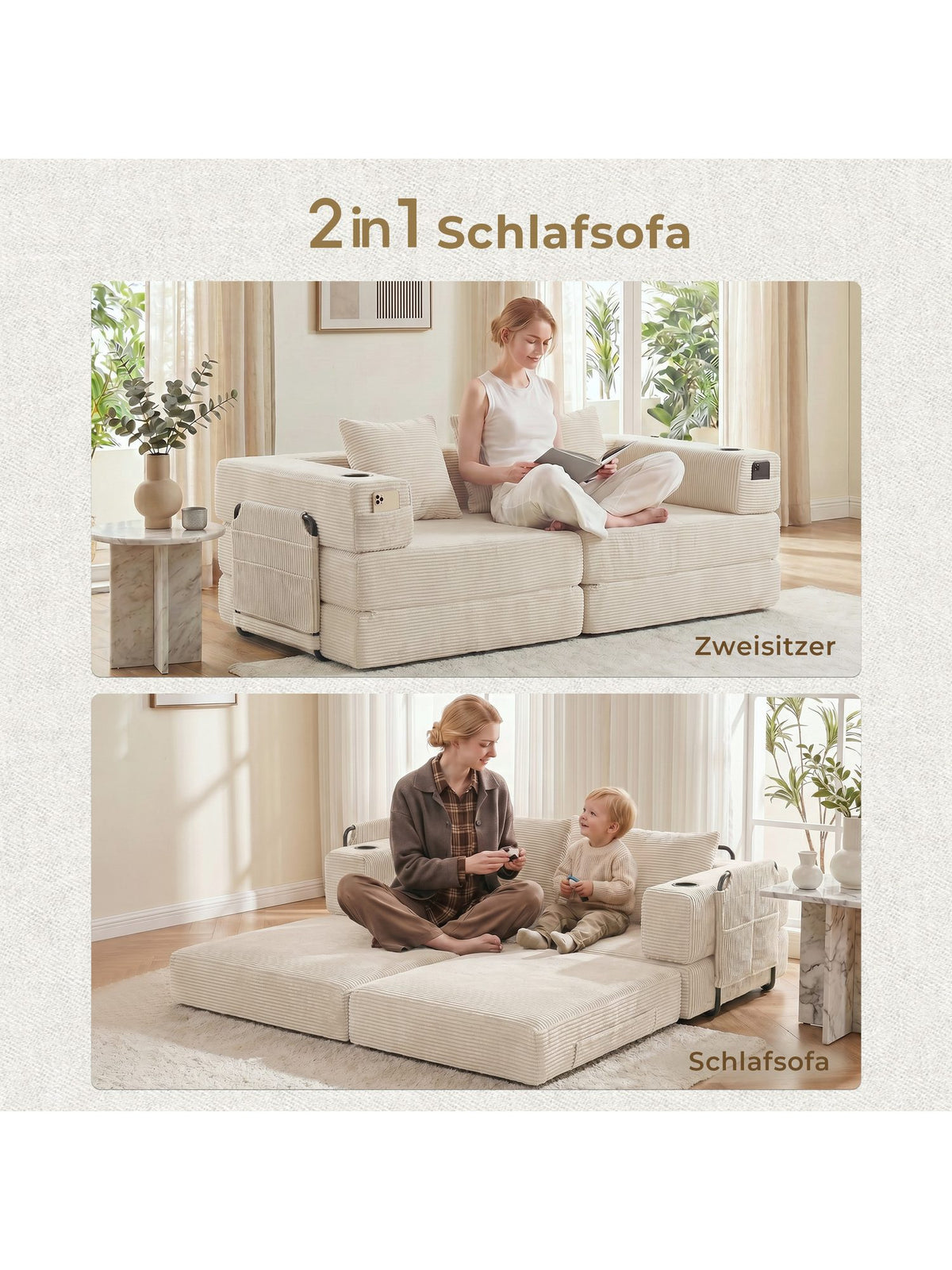 Cord Schlafsofa M3-V2 als Liegefläche aufgeklappt