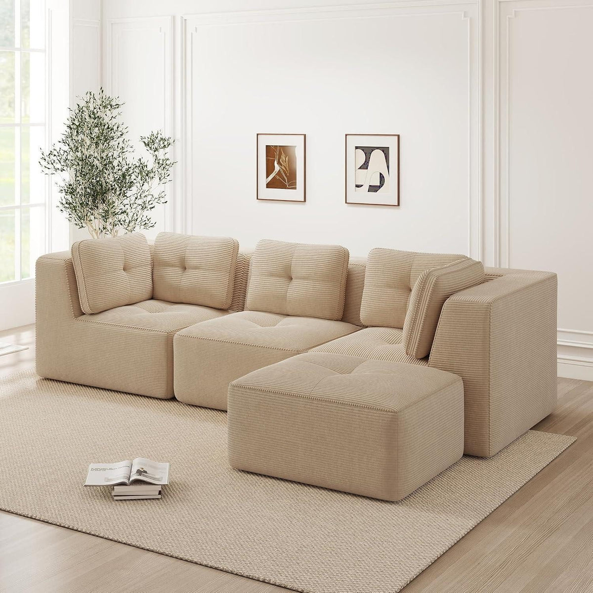 Cord Ecksofa 2C1S+1O in Beige von der Seite
