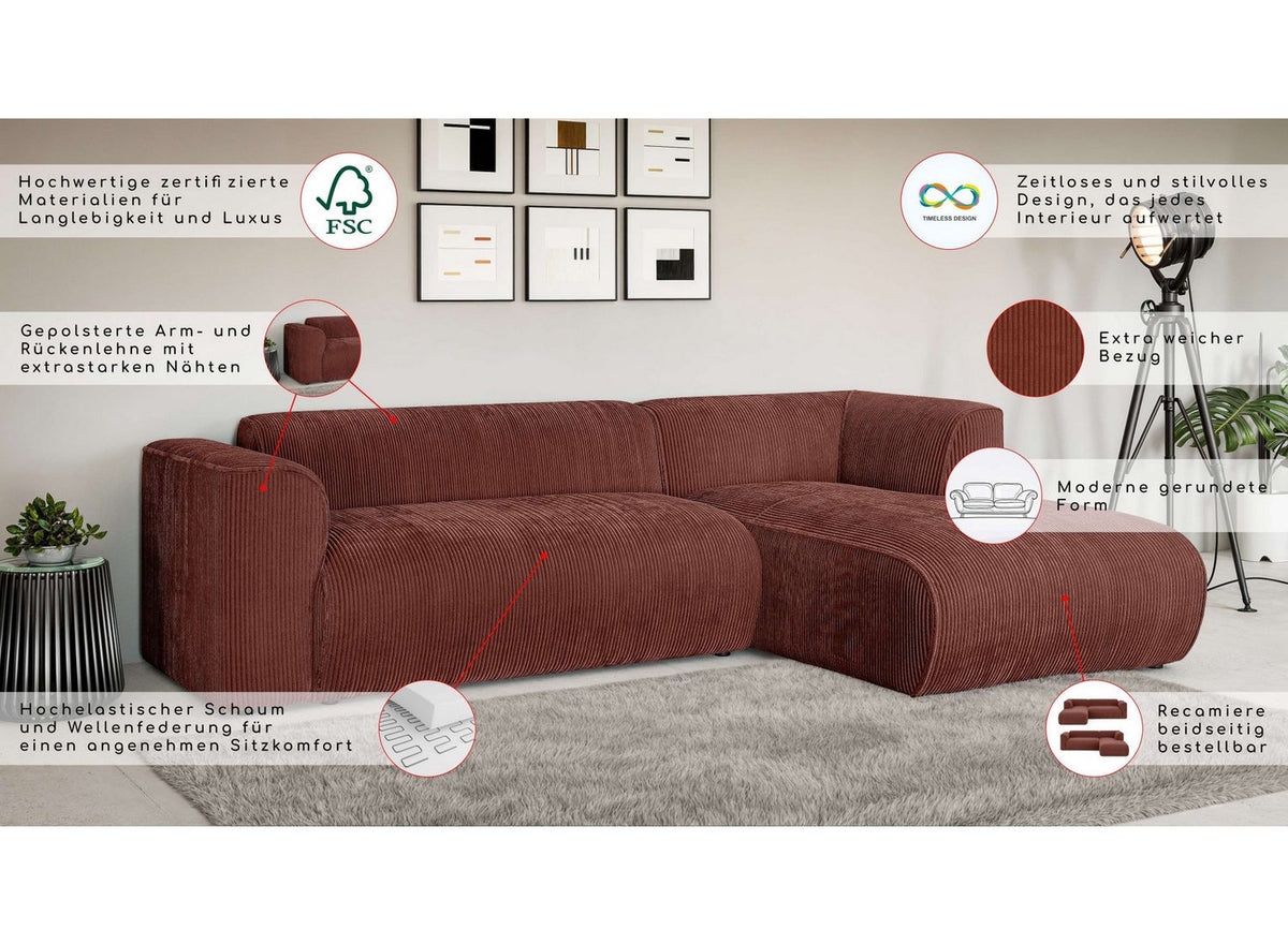 Ottomane des Cord Ecksofas GENTON von vorne