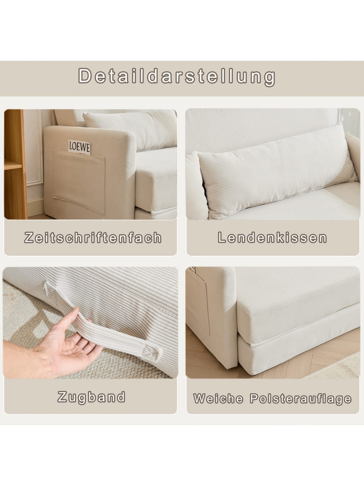 Magazintasche an der Armlehne des Cord Klappsofas