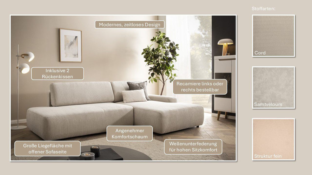 Geoeffneter Bettkasten des Cord Ecksofas TORGE
