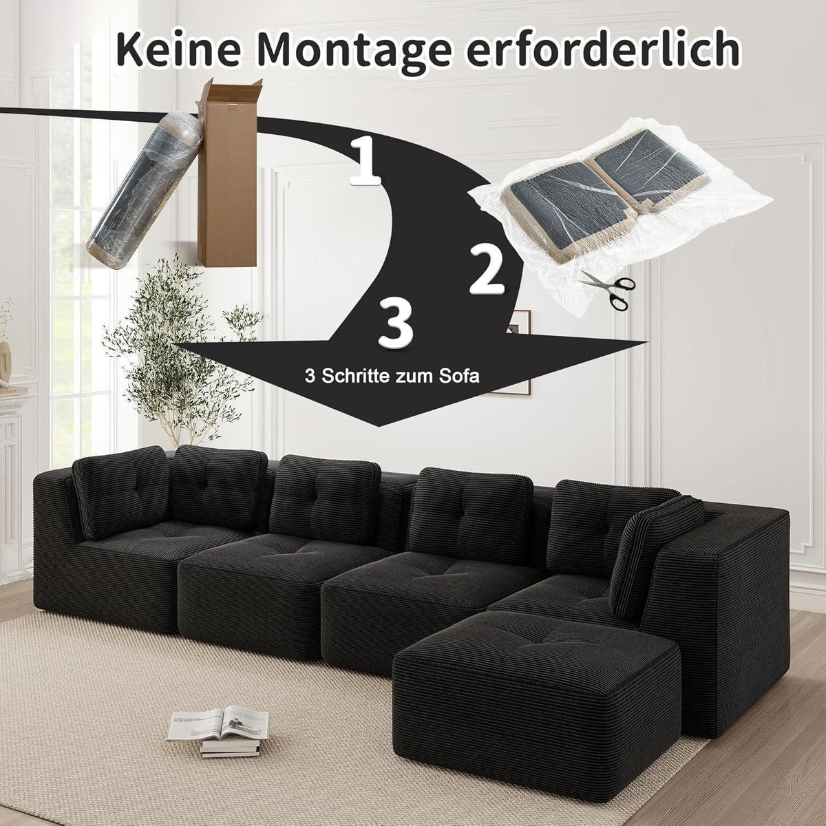 Tiefe Sitzfläche des schwarzen Cord Ecksofas