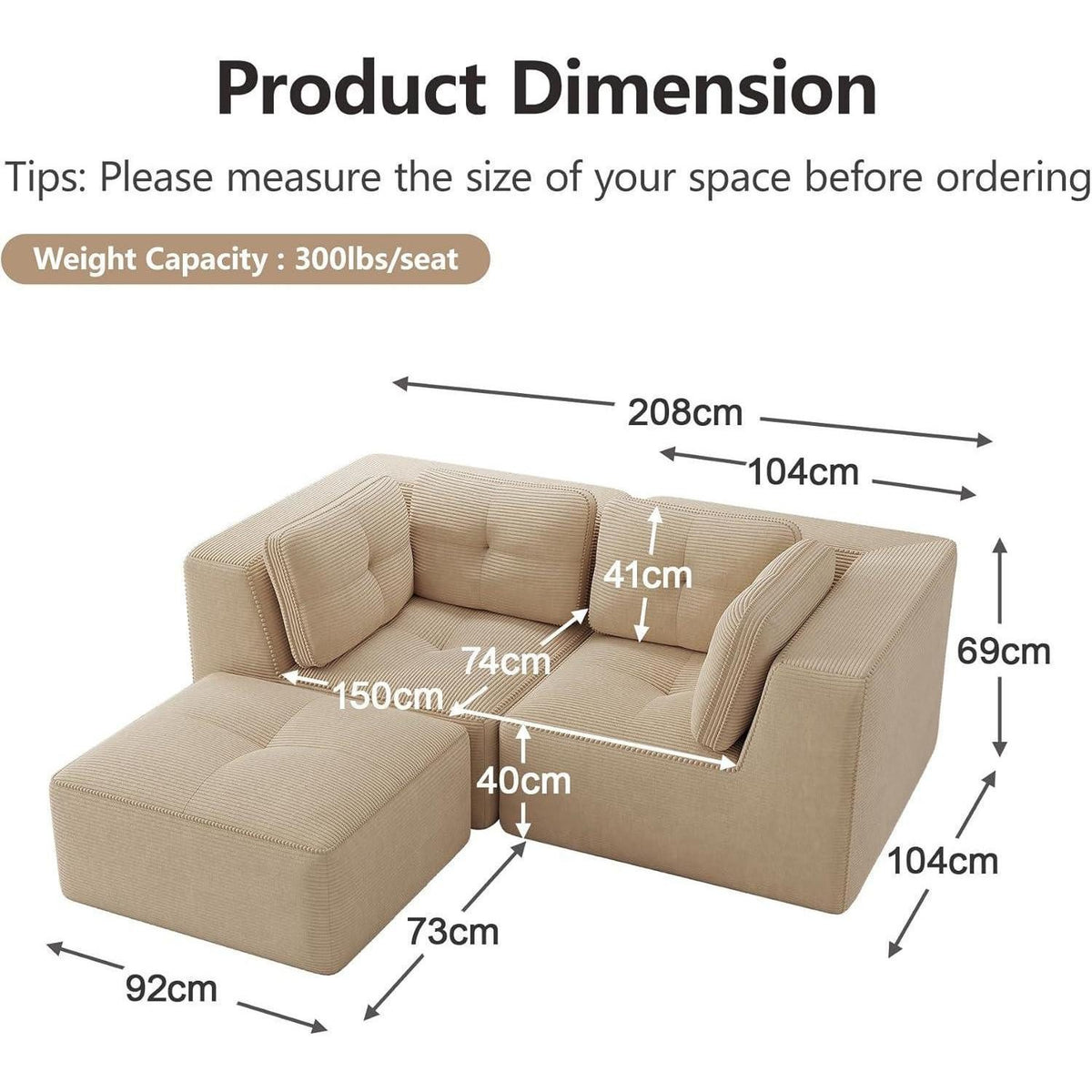 Beiges Cord Ecksofa mit Ottomane im Wohnzimmer