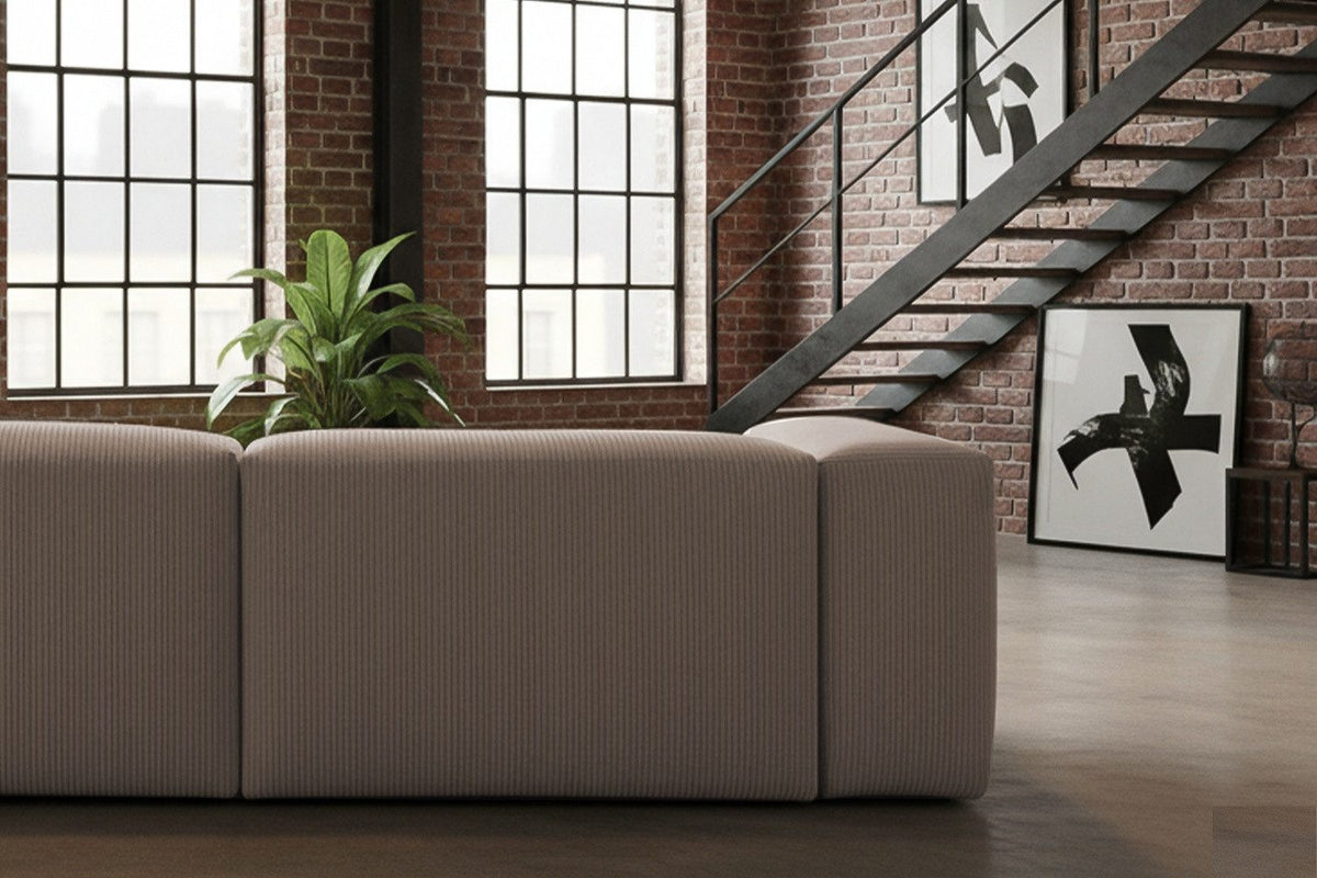 Rueckansicht des Cord Sofas CELESTE in Taupe