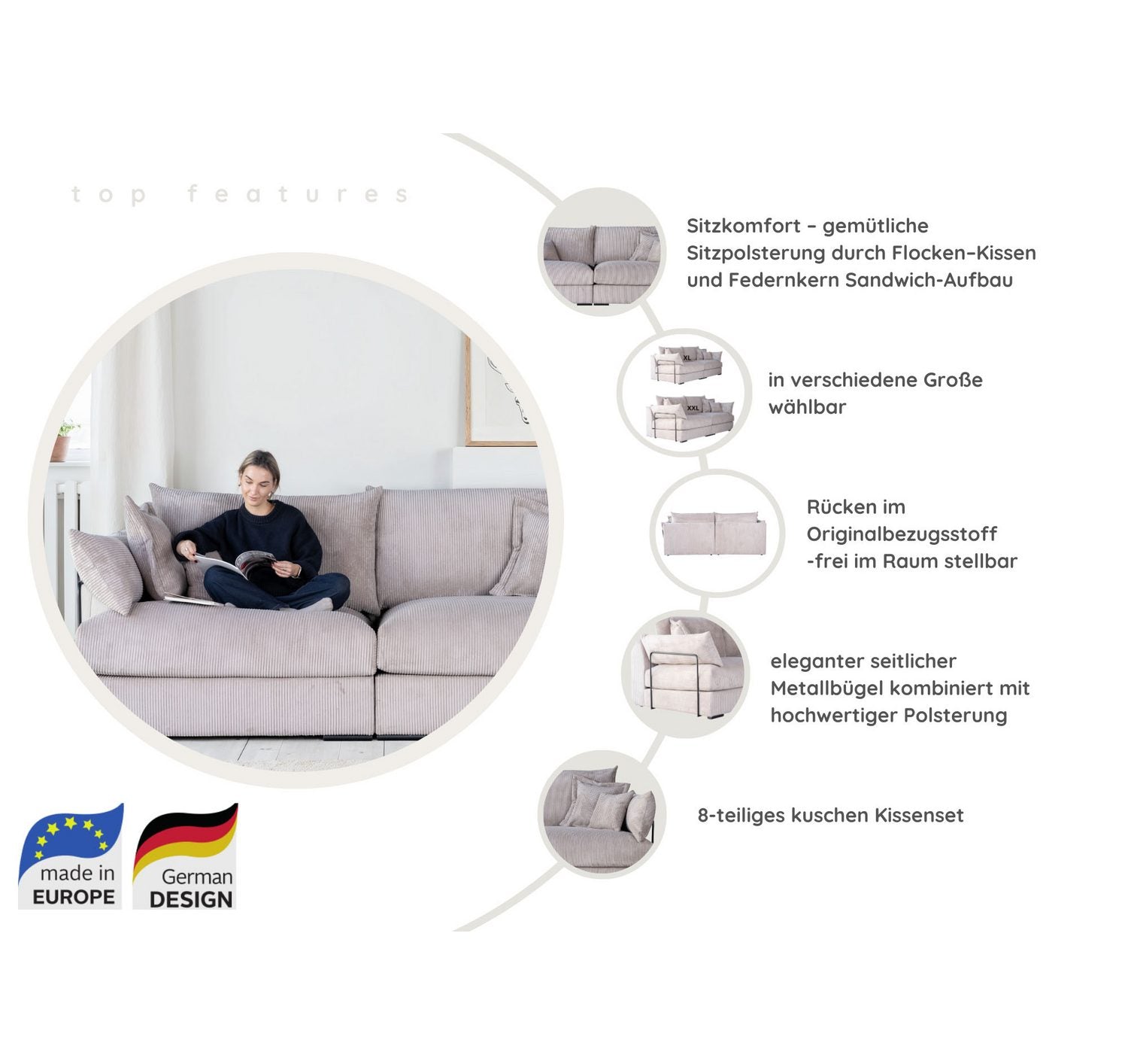 Detailansicht der Polsterung des Cord Ecksofas CASA XL