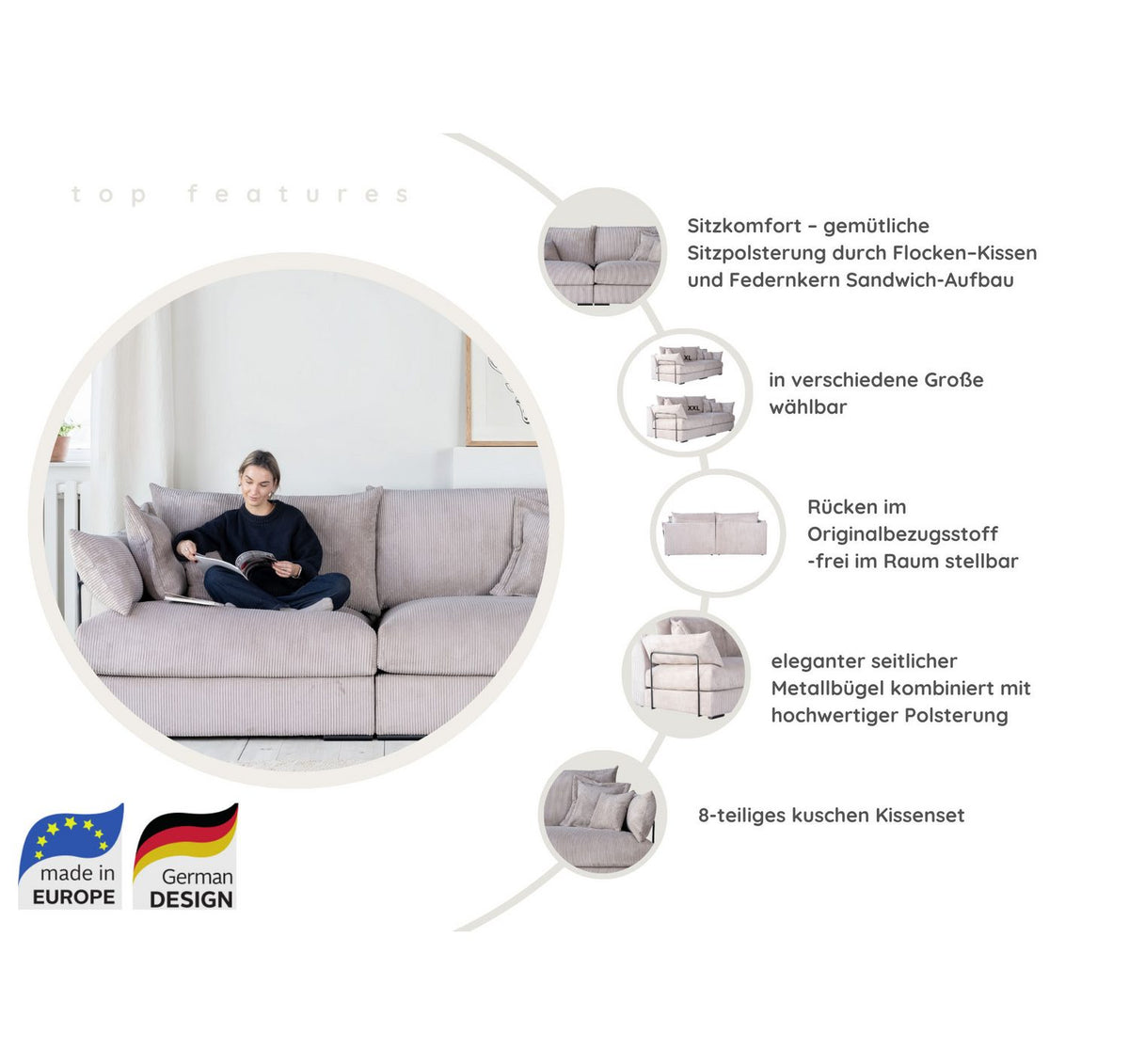 Sitzflaeche des Big Sofas CASA XL in Beige