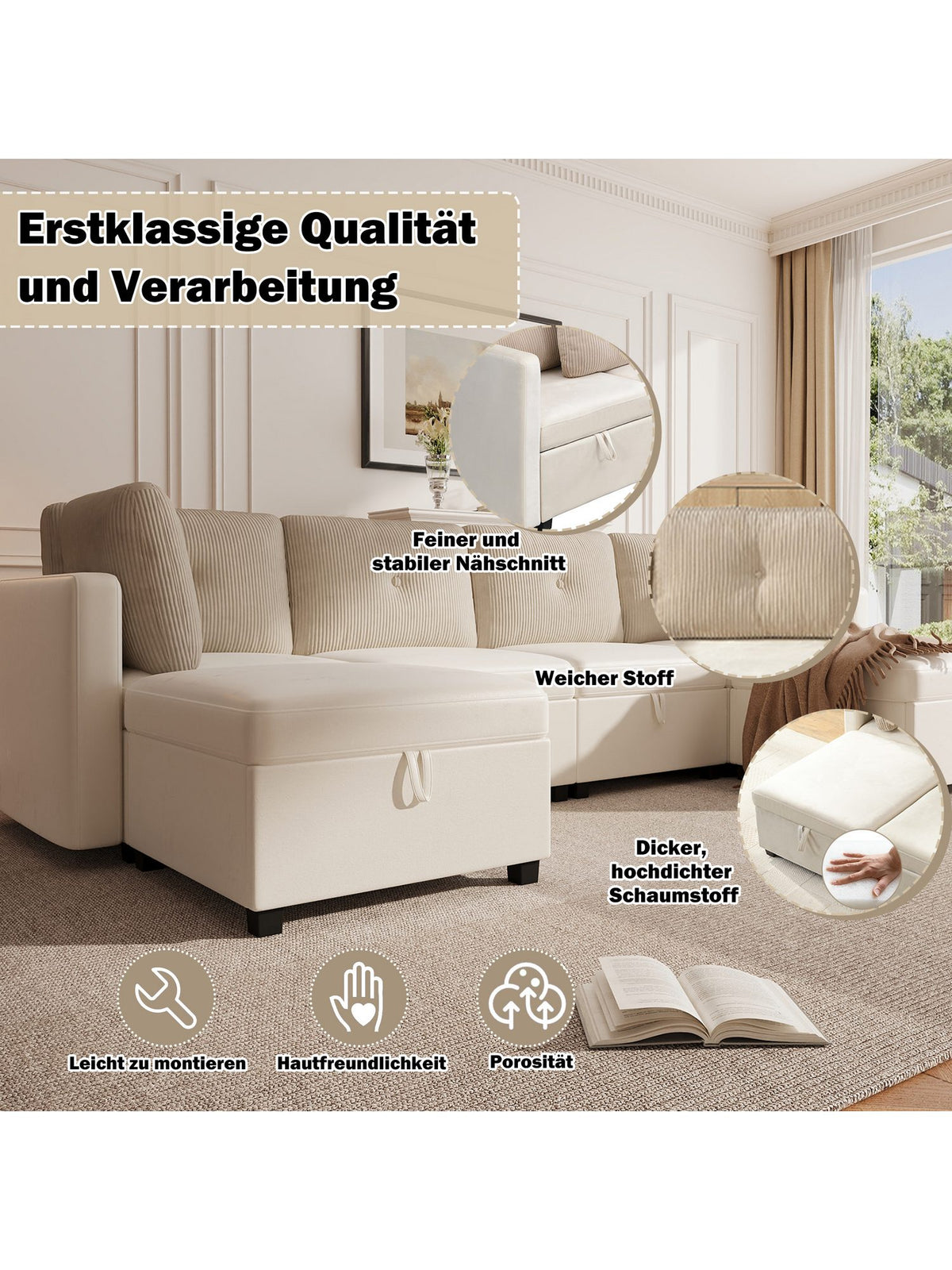 Modulares Cord Sofa in Beige als Liegebett