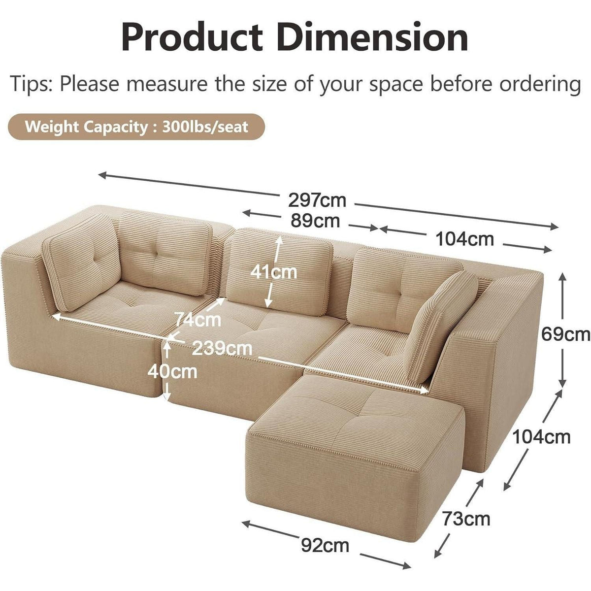 Beiges modulares Cord Ecksofa im Wohnzimmer