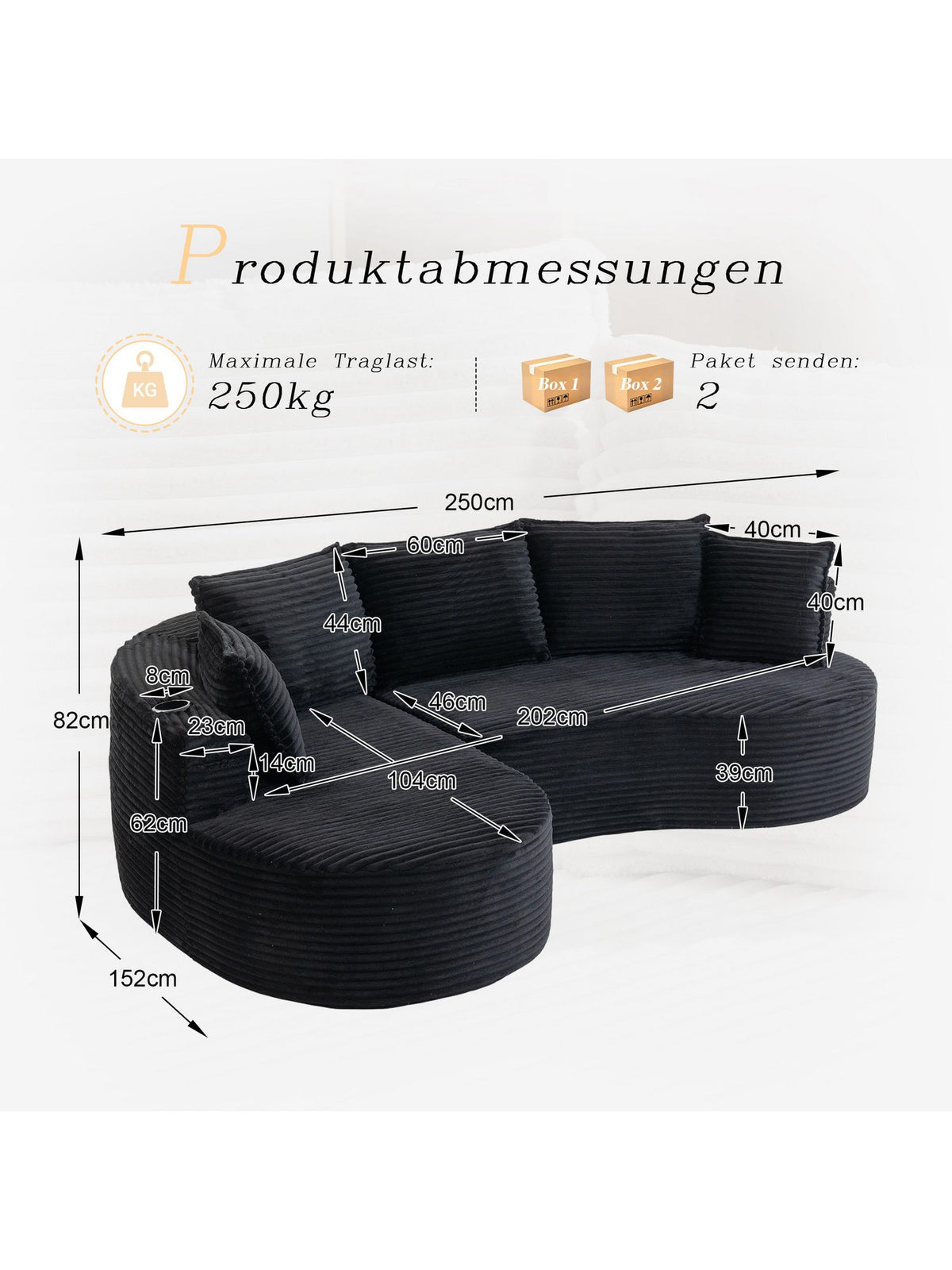 Cord Sofa BOGESOFA in Schwarz von vorne im Wohnzimmer