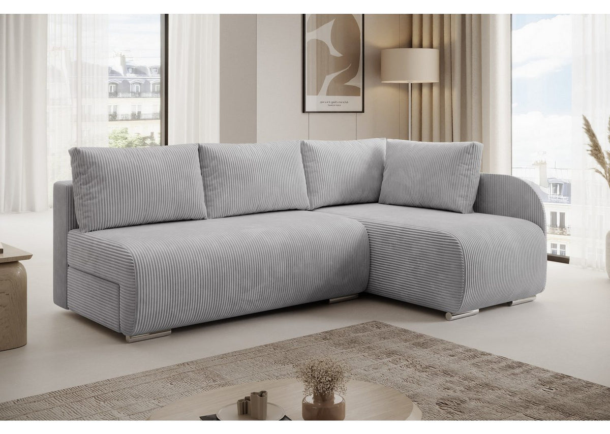 Kleines Cord Ecksofa in Hellgrau mit Ottomane
