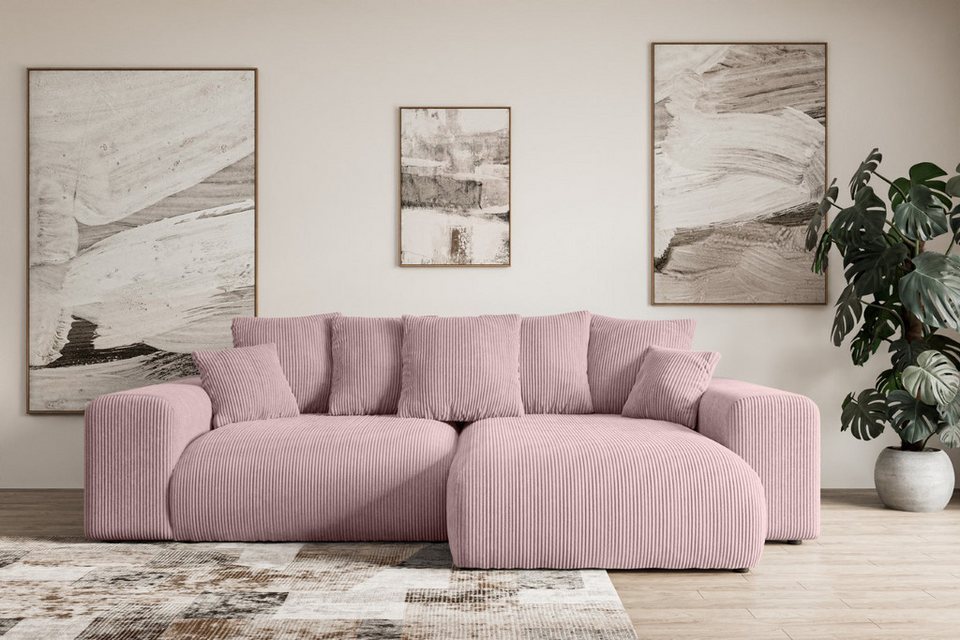 Cord Ecksofa ESKAR-L in Rosa mit Ottomane rechts