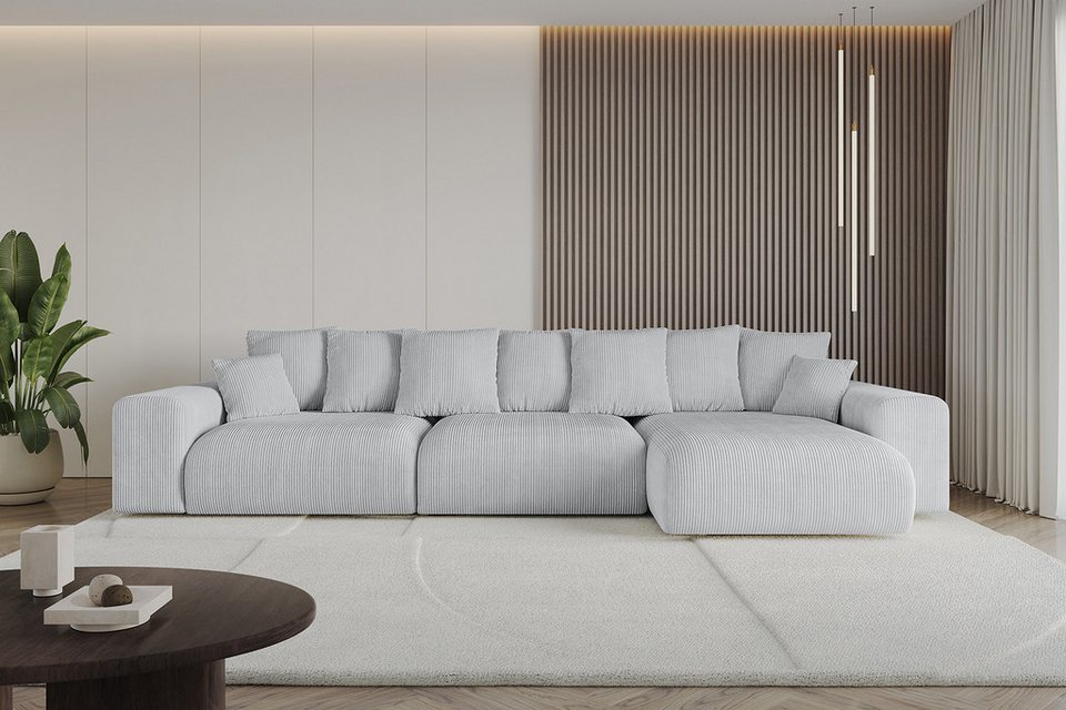 Graues Cord Ecksofa ESKAR-L2 mit Ottomane rechts