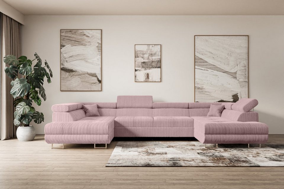 Cord Wohnlandschaft GUSA-U in Rosa in U-Form mit Schlaffunktion