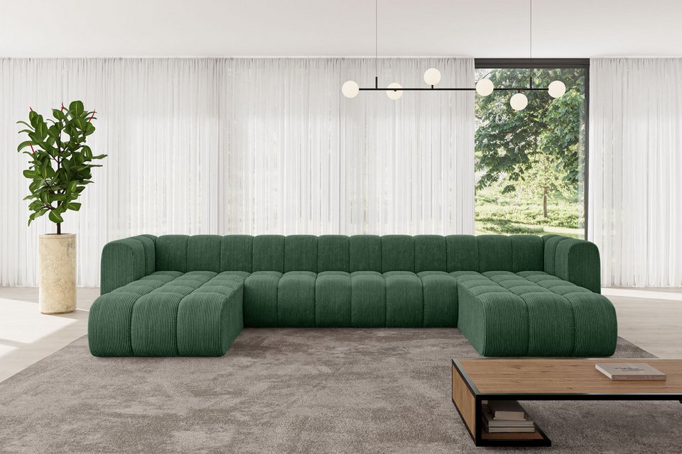 Cord Wohnlandschaft JOREN-U2 410 cm in Grün in U-Form mit Ottomane