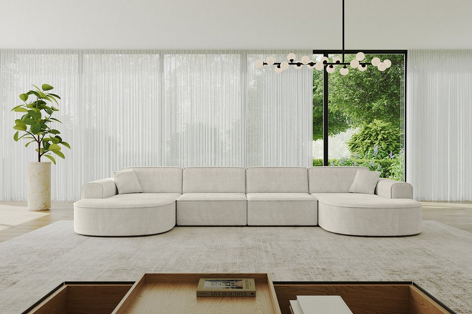 Cord Wohnlandschaft MARI-U2 in Beige mit Ottomane in U-Form