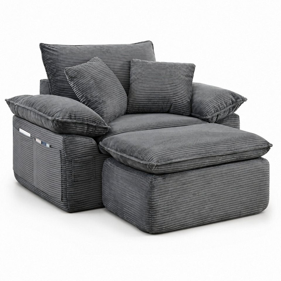 Cord Sofa in Grau mit abnehmbarer Ottomane