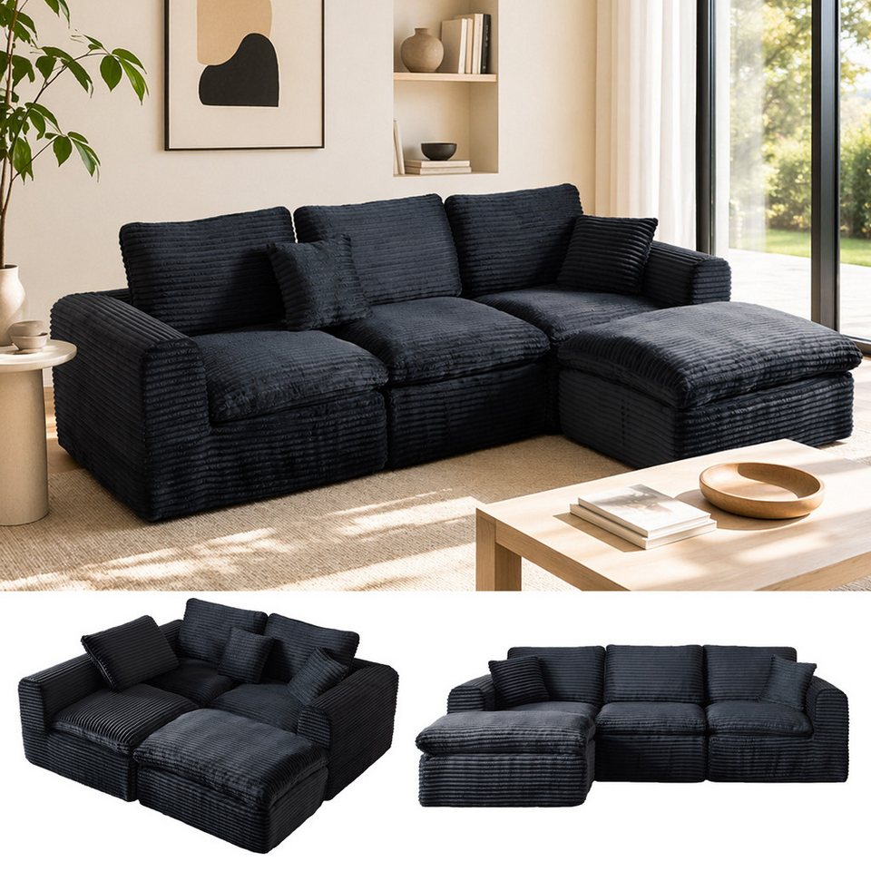 Modulares Cord Ecksofa ANYSUN in L-Form in Schwarz und Blau