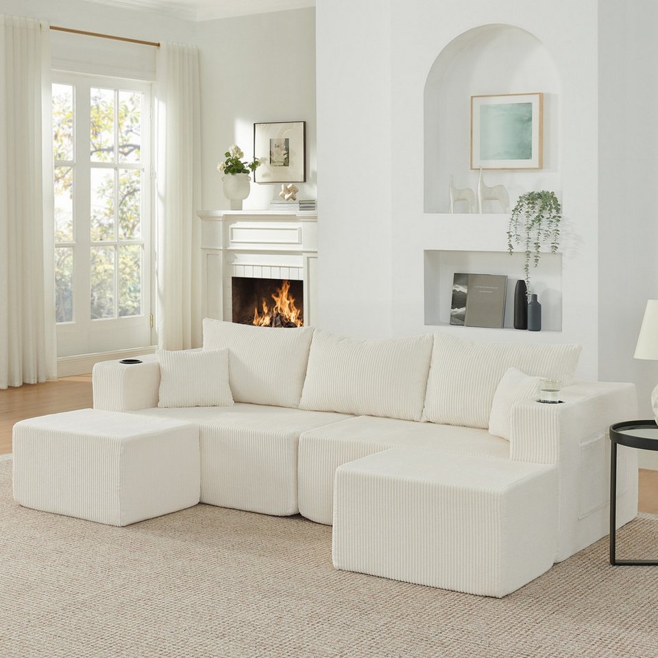 Modulares Cord Ecksofa in Beige mit beweglichen Ottomanen und Getränkehaltern