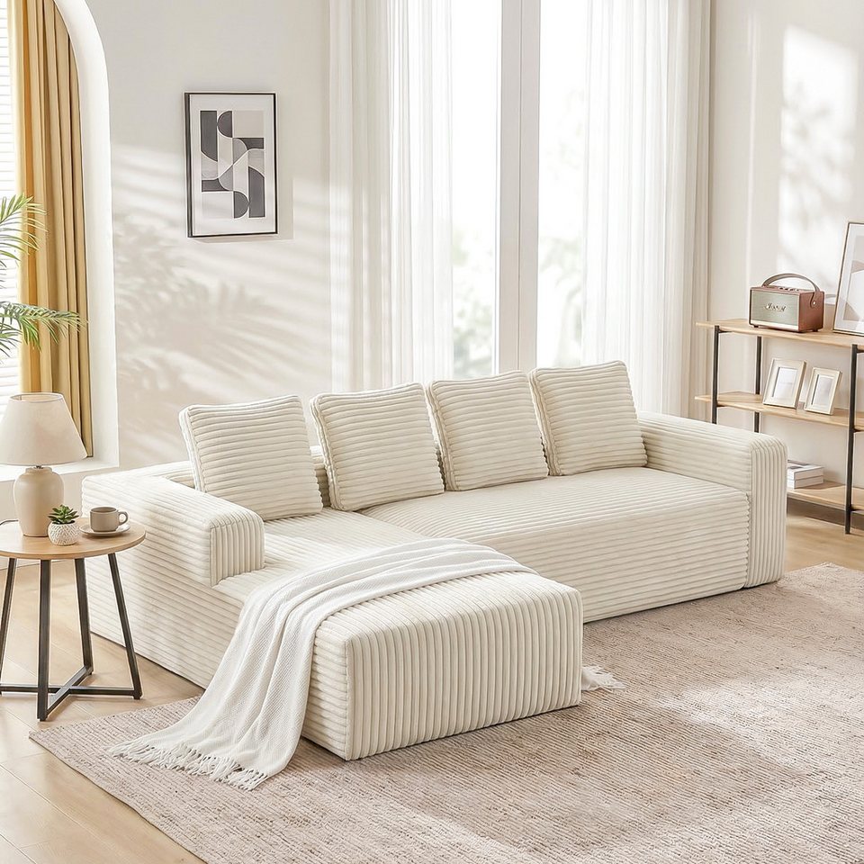 Modulares Cord Ecksofa ANYSUN 261 cm in Beige mit Chaiselongue