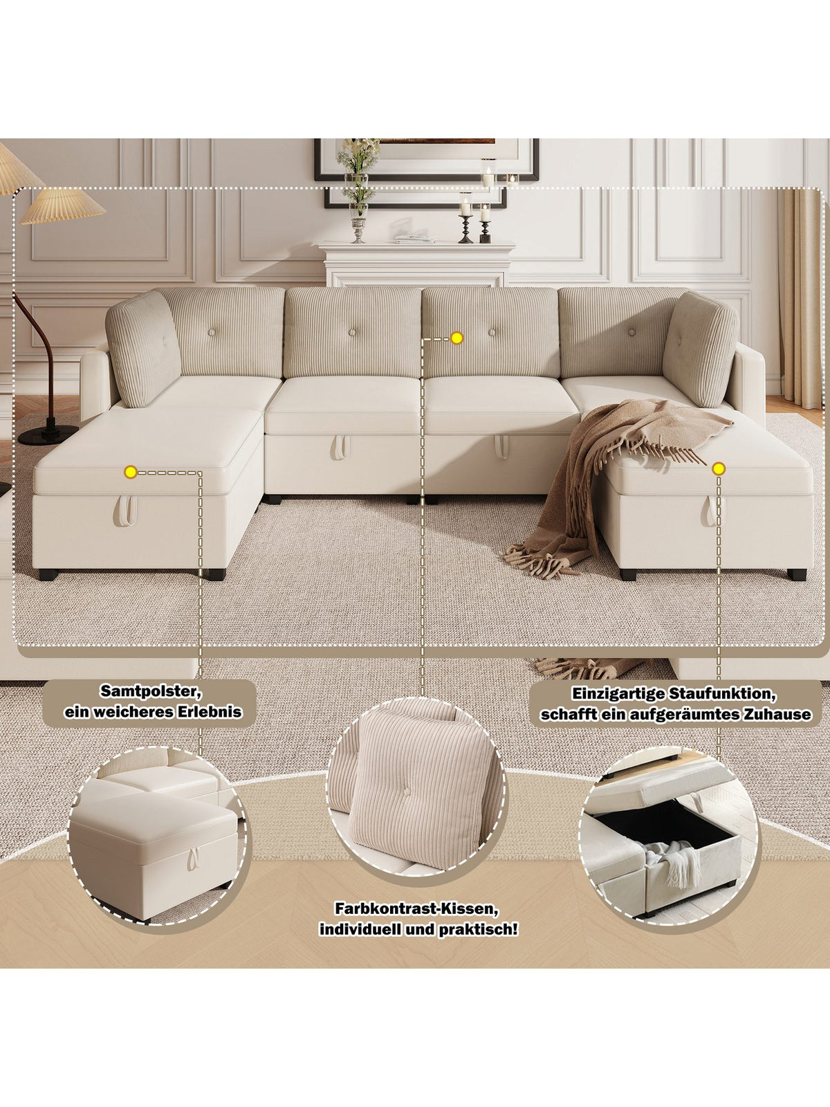 Modulares Cord Sofa in Beige mit geoeffnetem Staufach