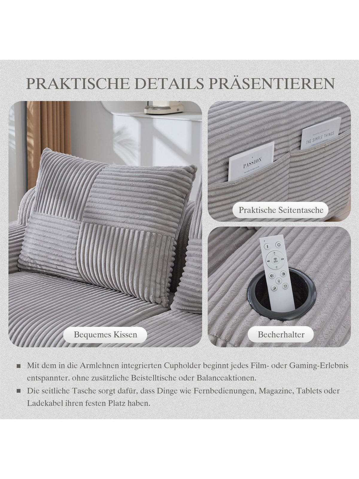 Modulares Cord Sofa in Hellgrau im Wohnzimmer