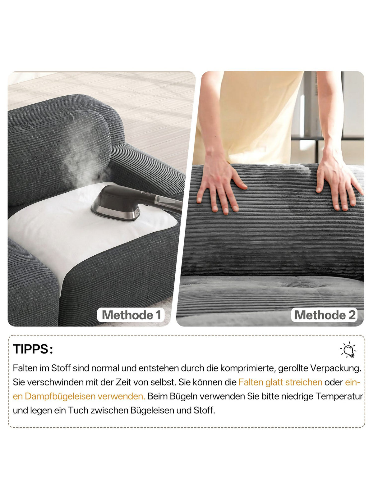Rahmenloses Cord Sofa in Beige Detail des Cordstoffs