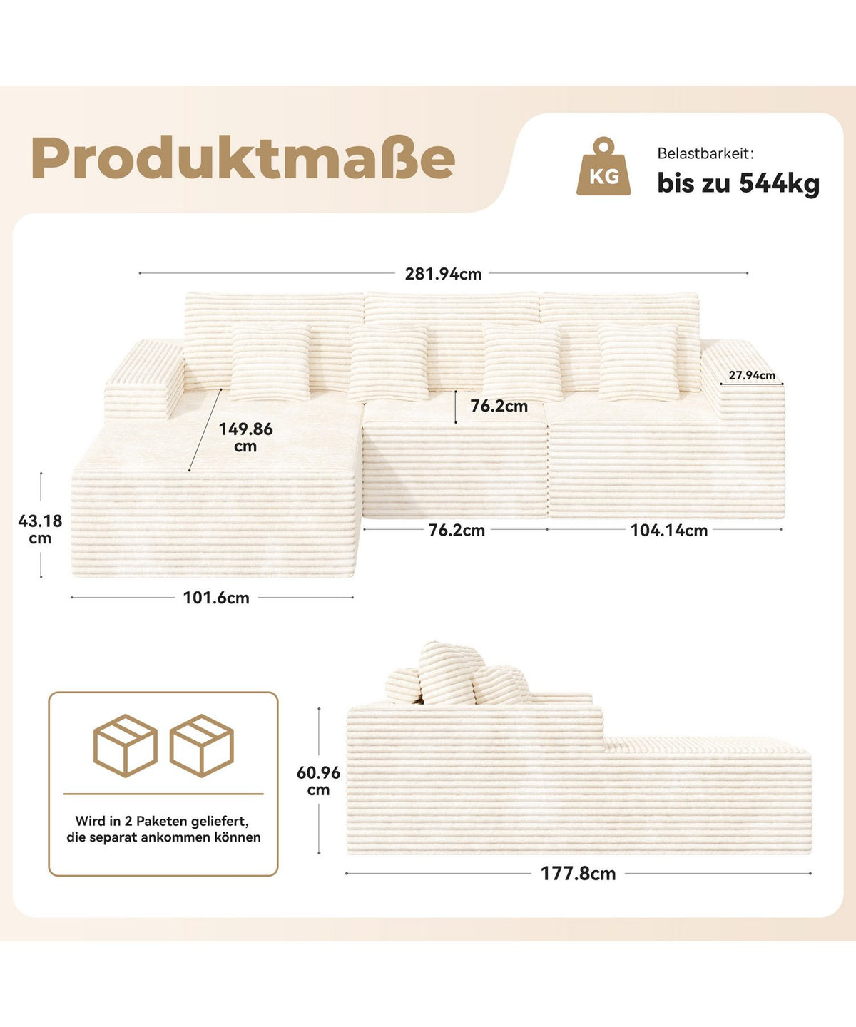 Modulares Cord Ecksofa in Beige aus der Frontansicht