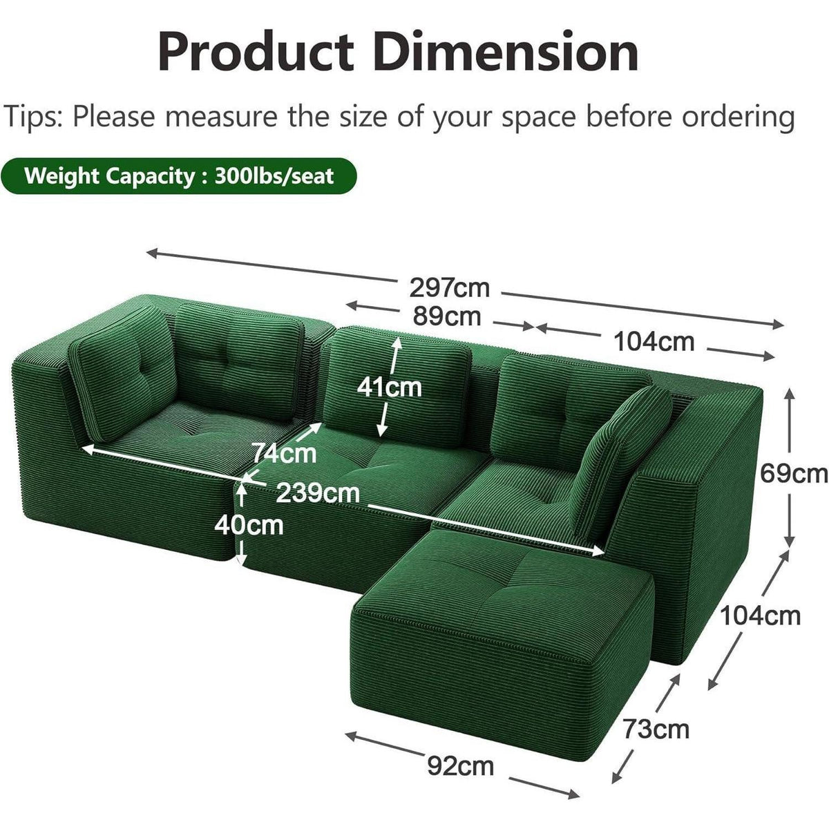 Grünes Cord Ecksofa 2C1S+1O von vorne