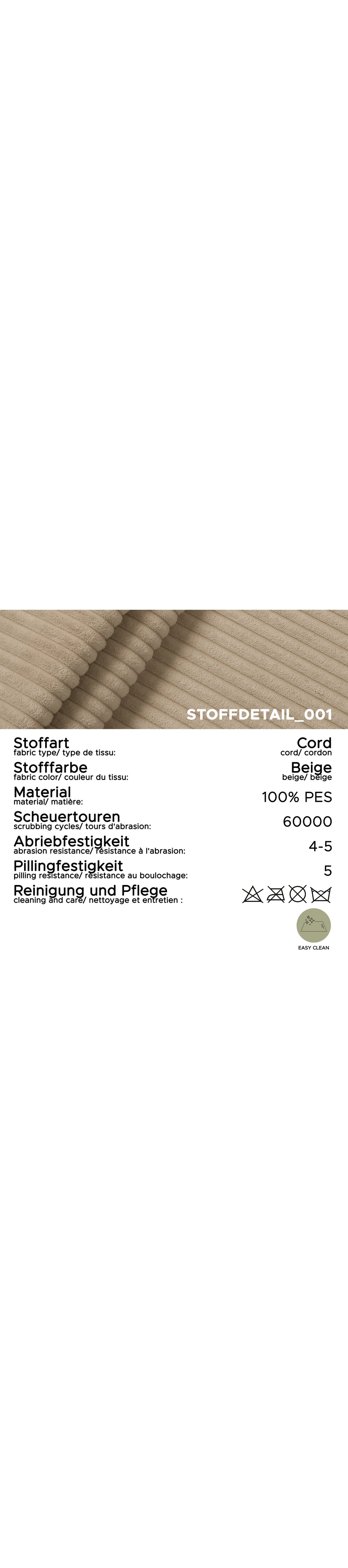 Cord Ecksofa BOLINA in Beige im Wohnzimmer aufgestellt