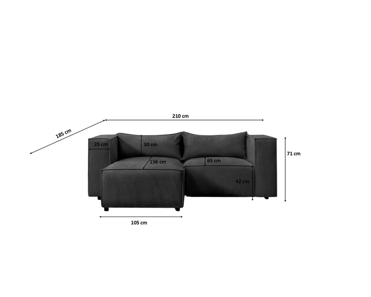 Ecksofa MODULO in Schwarz mit Ottomane und Rückenkissen