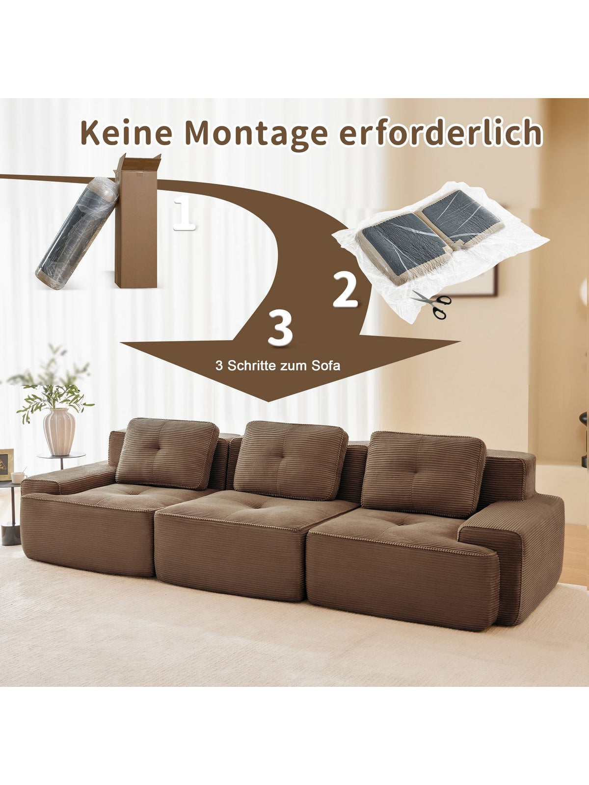 Cord Modulsofa in L-Form aufgestellt