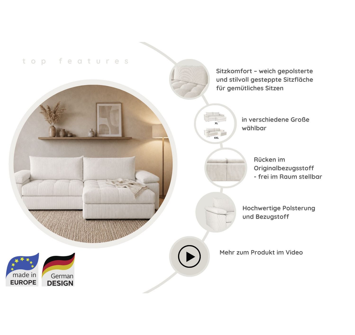 Cord Ecksofa SOFT&COSY PIK XXL mit Rückenkissen und Armlehnenkissen