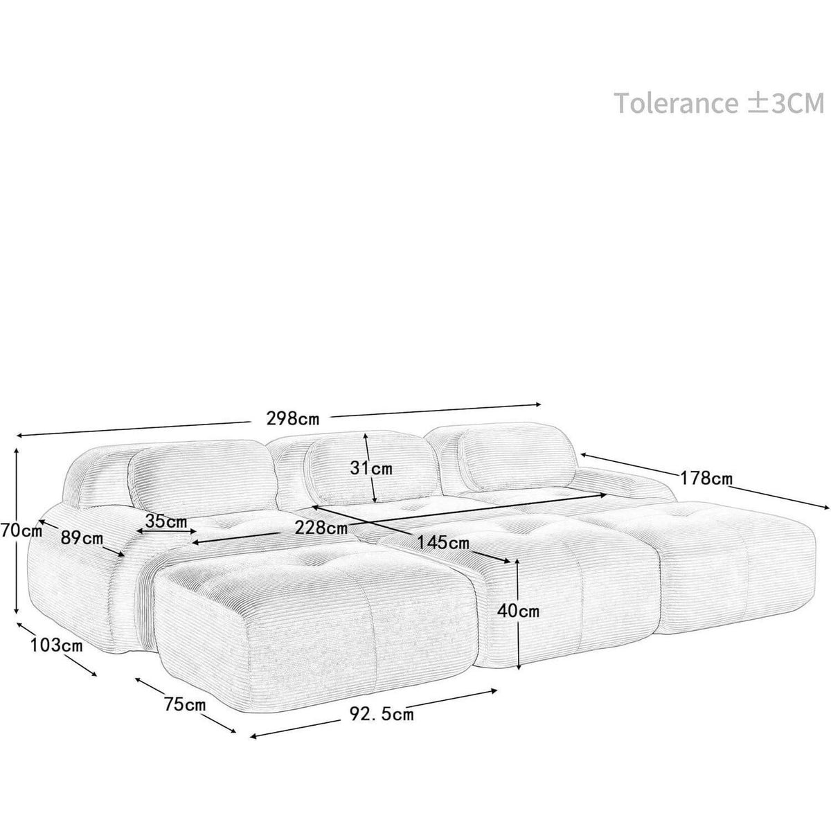 Modulares Cord Ecksofa in Gruen Frontansicht