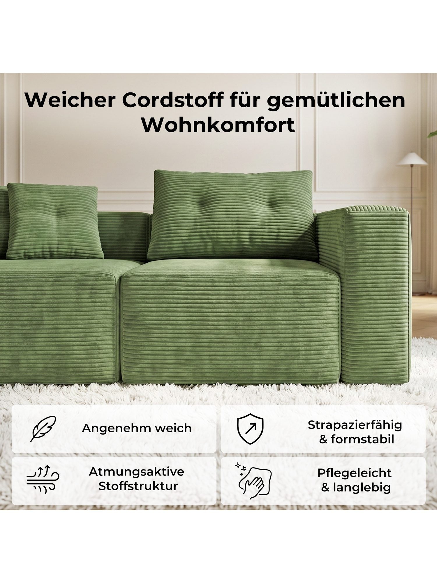 Grünes modulares Cord Ecksofa im Wohnzimmer